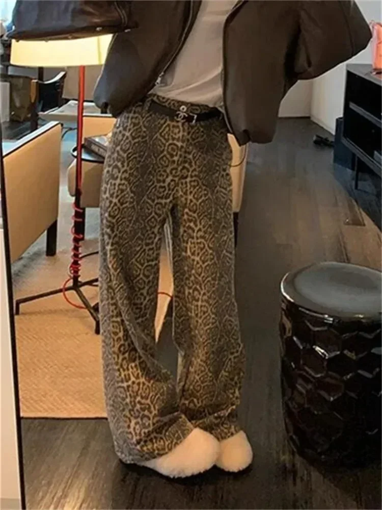 

Y2k Spring Autumn Print Leopard Woman Jeans Casual Oversize Wide Leg Button Female Streetwear Hip Hop Loose Zippers Pants Lady