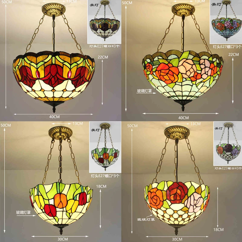 TiffanyDecor Stained Glass Pendant Light Home Mediterranean Hanging Lamp for Living Room Ceiling Chandelier LED Lighting Fixture