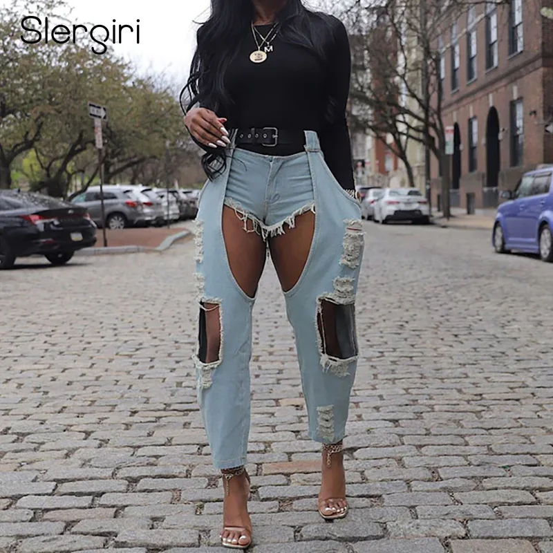 

Slergiri Women's Sexy Ripped Hole Jeans with Belt Fashion Club Streetwear High Waist Straight Jeans Female Washed Denim Trousers