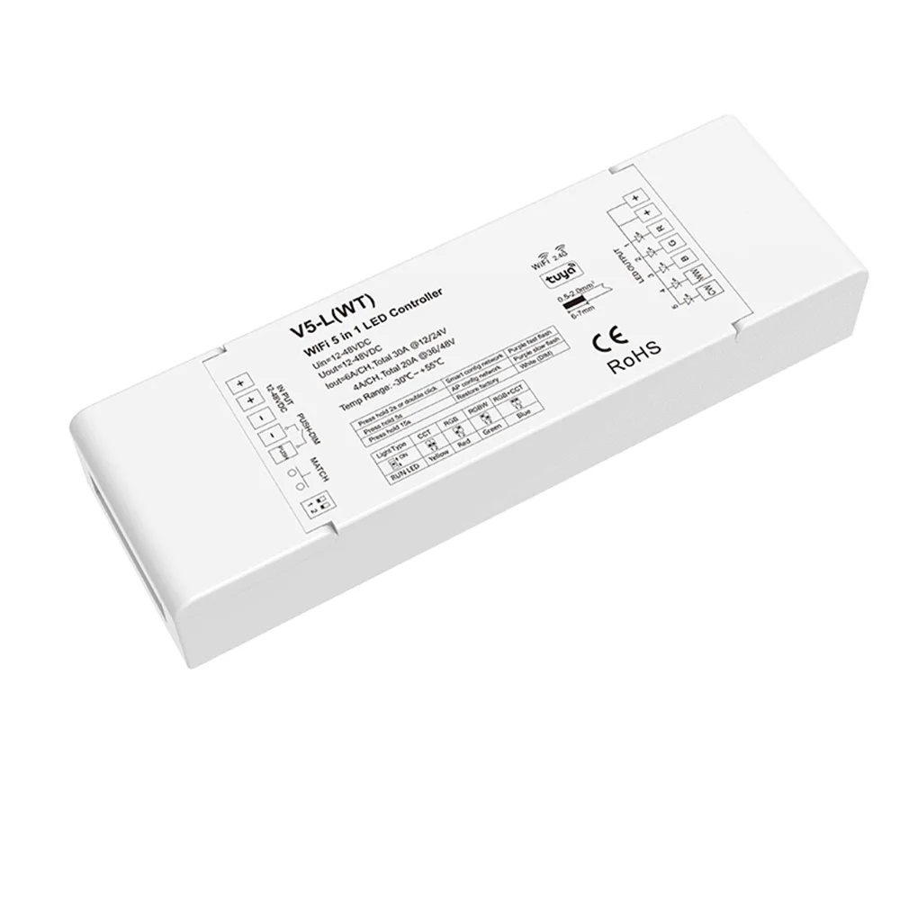 DC12-48V Controller V5-L(WT) Tuya WiFi 5 In1 LED Controller for RGB, RGBW, RGBCCT, Color Temperature or Single Color LED Strip