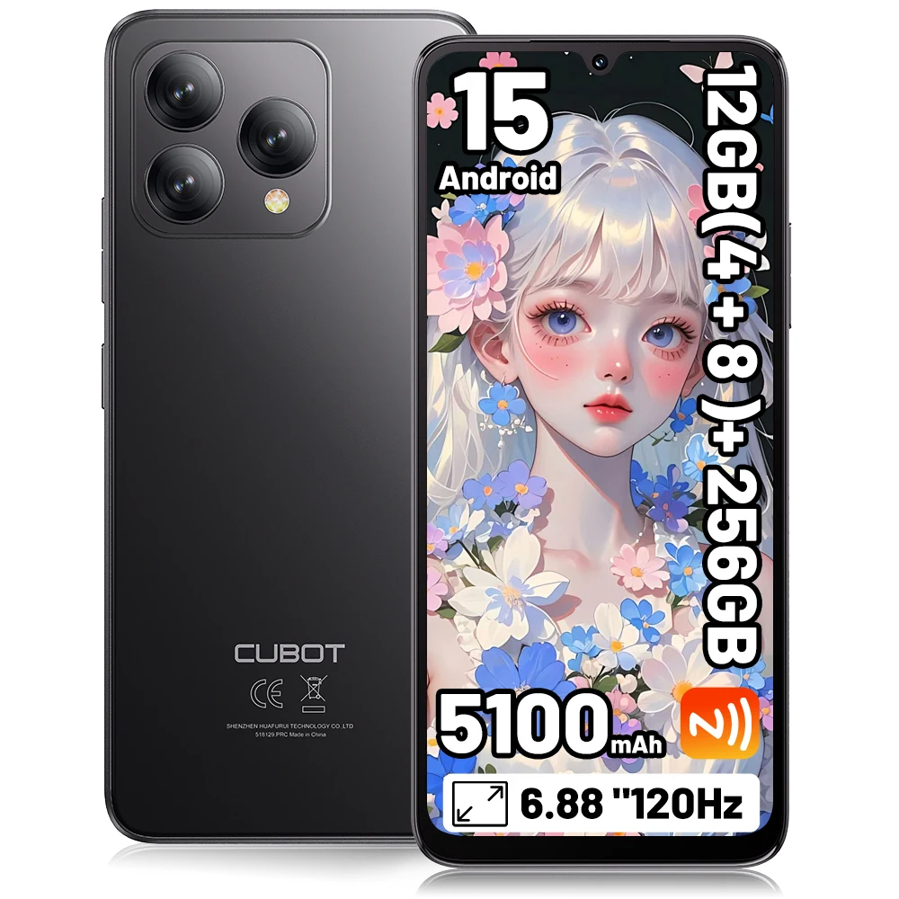 Cubot A40 Smartphone 12 Go(4 + 8) + 256 Go 6,88 ''120Hz Android 15 5100mAh NFC/GPS Reconnaissance faciale Téléphone 4G Portable IPS