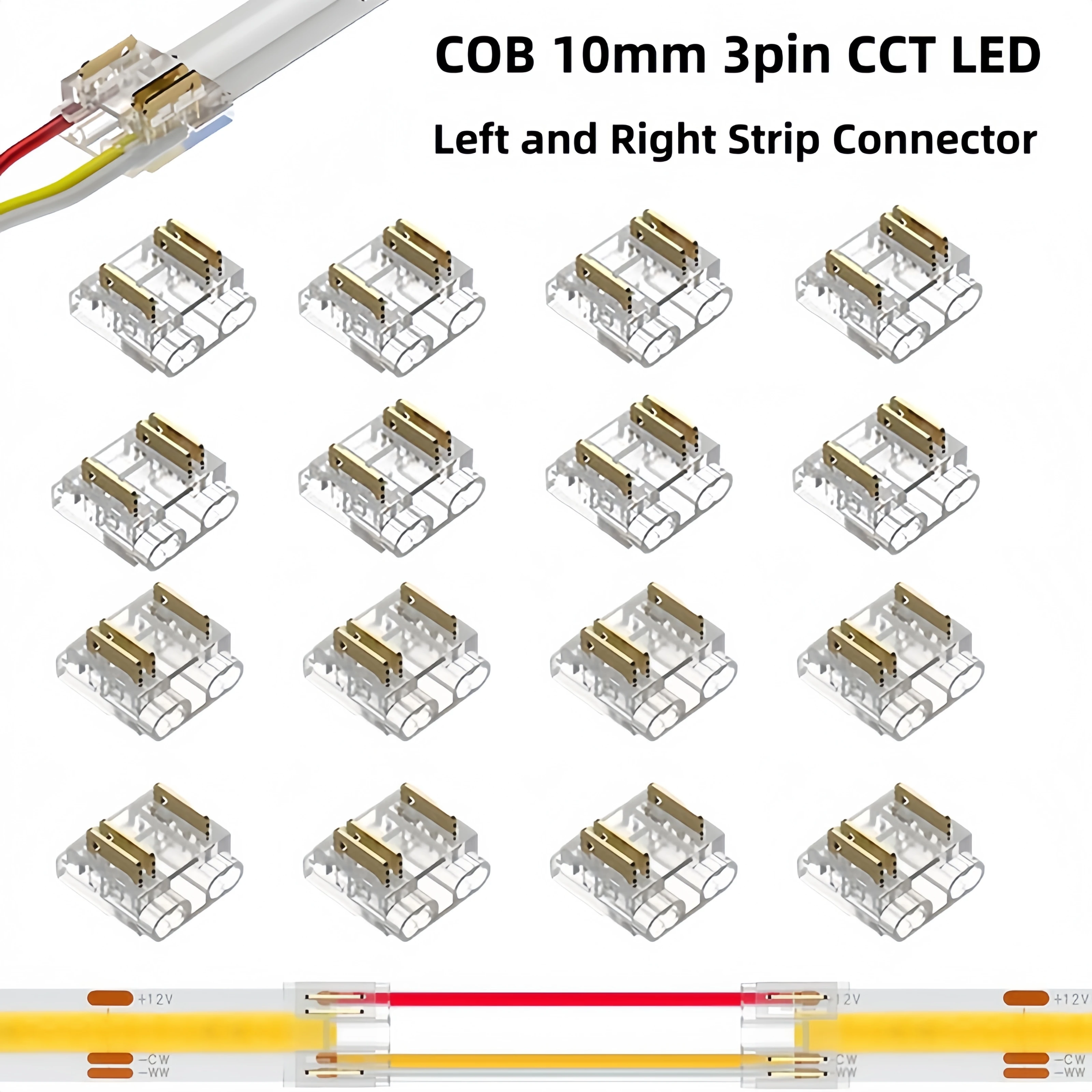 12/20/30Pcs COB 10mm 3pin CCT LED Strip Connectors for COB Strip Connection Accessories Strip to Wire (Left or Right)