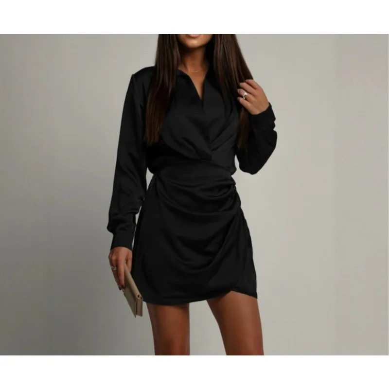 Satin Dress Pleated Versatile Dress Women's Spring Autumn New Solid Color Casual Long-sleeved Short Dress Vestidos Para Mujer