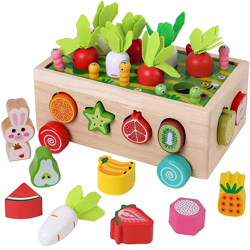 Juguetes Montessori para bebés y niños, rompecabezas de madera de 4 años, juguete de cosecha de zanahoria, juego de clasificación de formas, juguetes educativos para niños