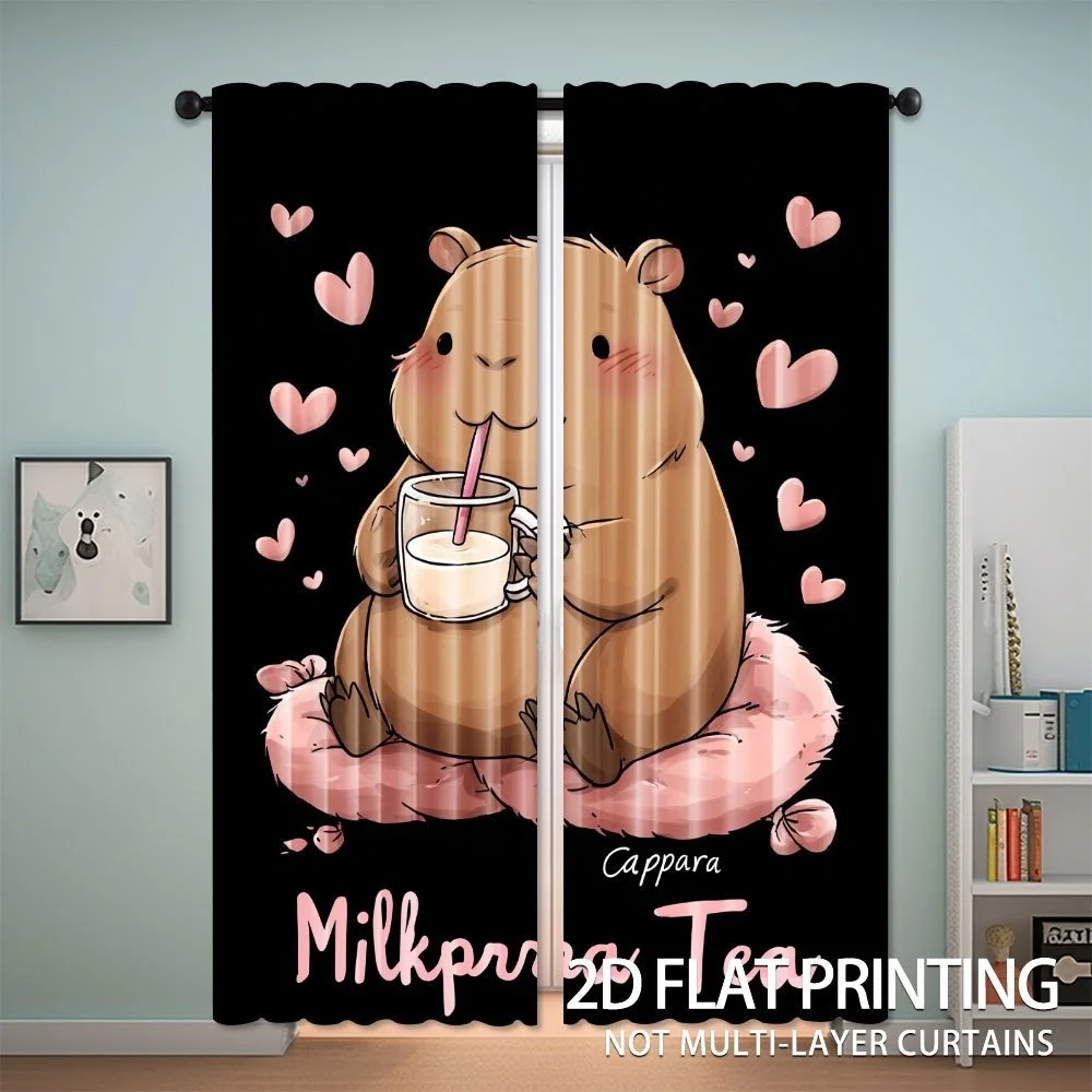 Set of 2, Capybara-Themed Milk Tea Curtains That Filter Light Made of Polyester Designed for Rod Pocket Hanging Machine Washable