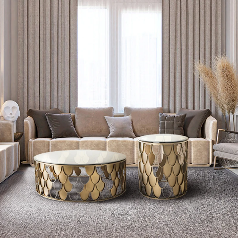 Coffee Table Light Luxury Fish Scale Hollow Sofa Glass Table Living Room Home Modern Round Tea Table Side Table