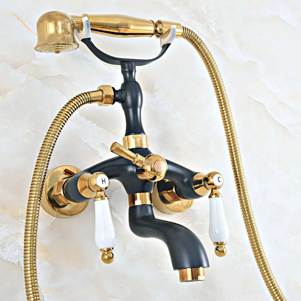 Oil Rubbed & Gold Brass Two Handle Wall Mounted Bathroom Bath Tub Faucet Set with 150CM Hand Held Shower Spray Mixer Tap 2na435