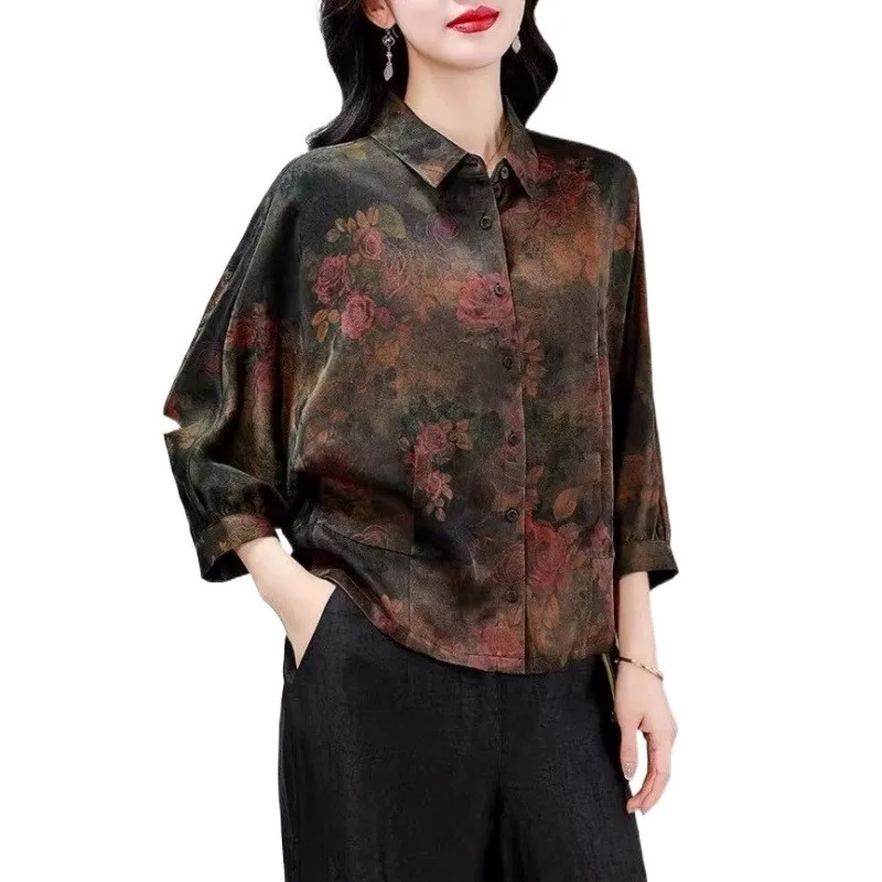 Csa de Seda Fena Nova Estilo Primavera E Estampada Solta Emaecendo Retro Top de Seda de Amora Faionable com...