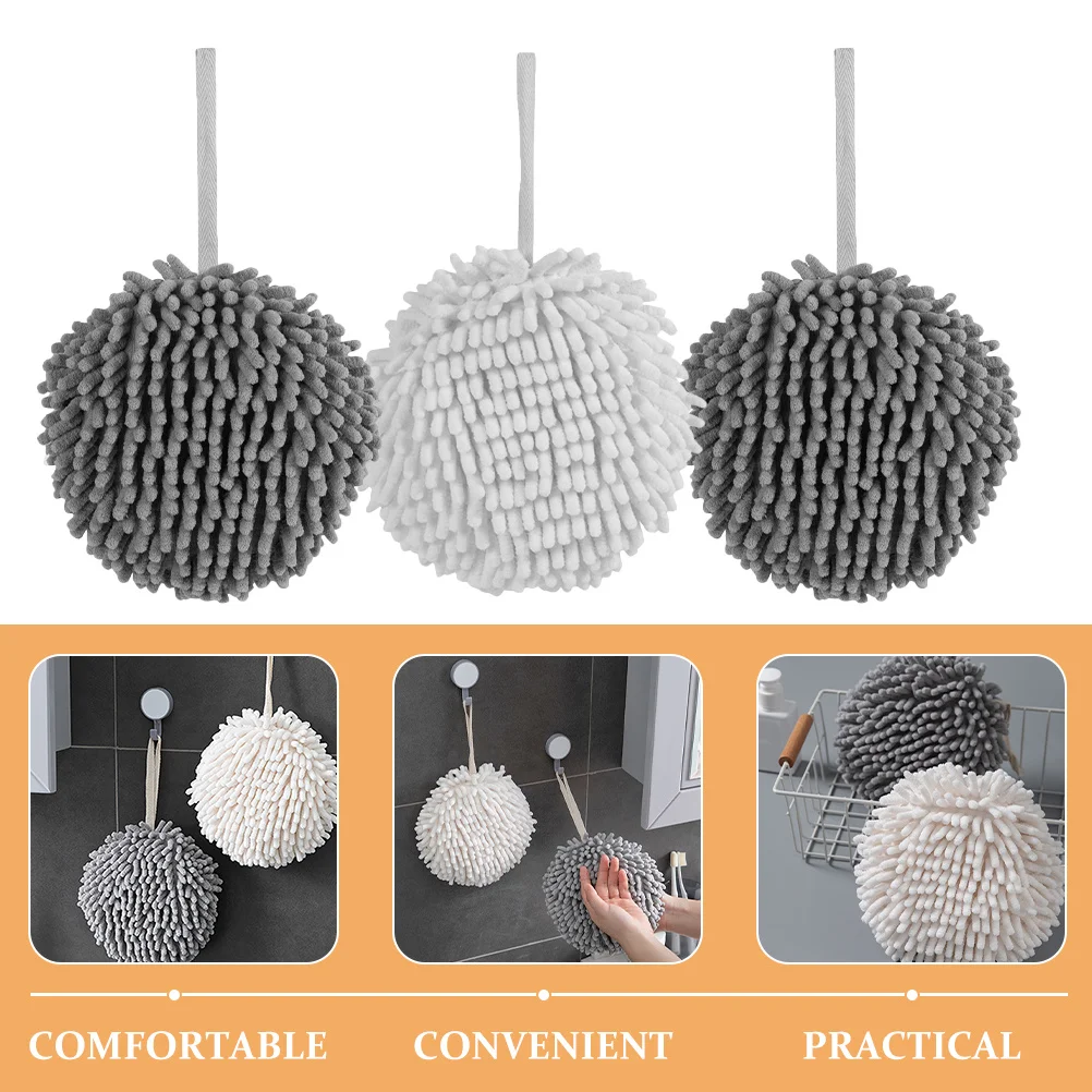 

3pcs Water Absorbent Hand Towel Ball Towels For Bathroom Kitchen Chenille Hanging Hand Towels Home Decor Drying Puff