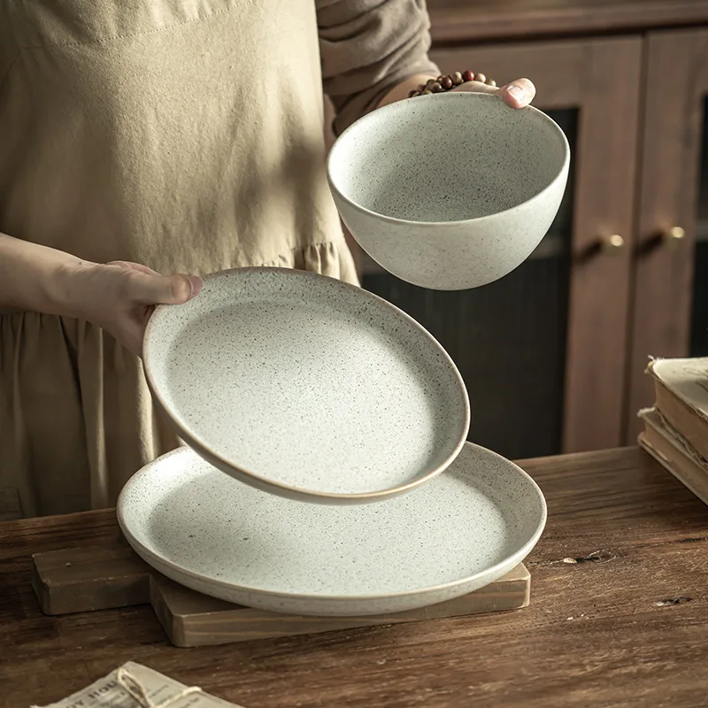 

Flocculent Smoke Series Coarse Pottery Bowl and Kit Household Retro Ceramic Tableware Matte Surface Bowl Vegetable Plate Western