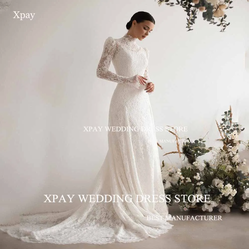 XPAY eleganti abiti da sposa a sirena con collo alto abito da sposa a maniche lunghe in pizzo pieno Sweep Train lunghezza del pavimento abito da sposa Boho