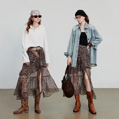 Imagen 2 del producto TOYOUTH-falda tobillera para mujer, falda elegante de gasa con abertura abierta, estilo Nomadic, estampado de leopardo, otoño 2025