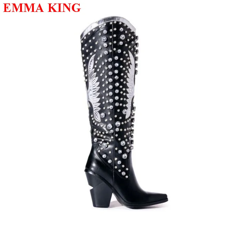 Women Knee High Boots Autumn Winter Rhinestone Diamond Western Boots Woman Fashion Cowboy Botas Mujer Chunky Heel Ladies Shoes