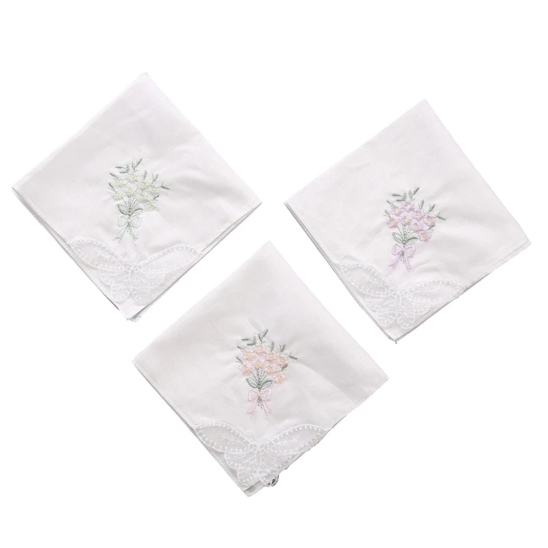 Ladies Cotton Embroidery Handkerchiefs Womens Soft Solid Candy Color Flowers Lace Edging Hankies for Wedding Party