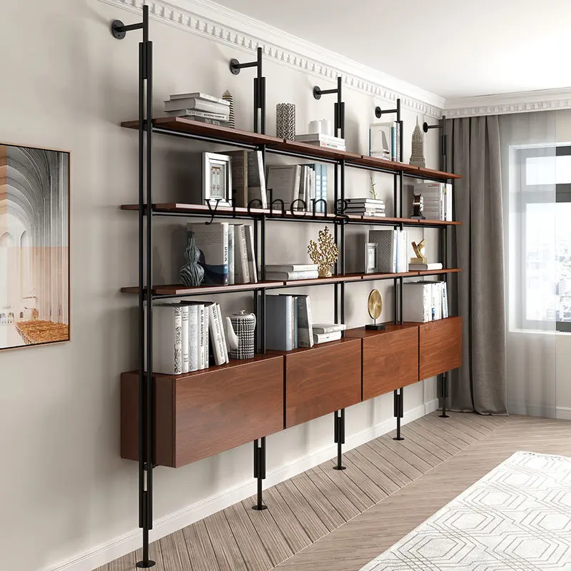 

XL simple bookshelf floor-to-ceiling solid wood bookcase wrought iron shelf living room integrated wall-to-wall storage rack