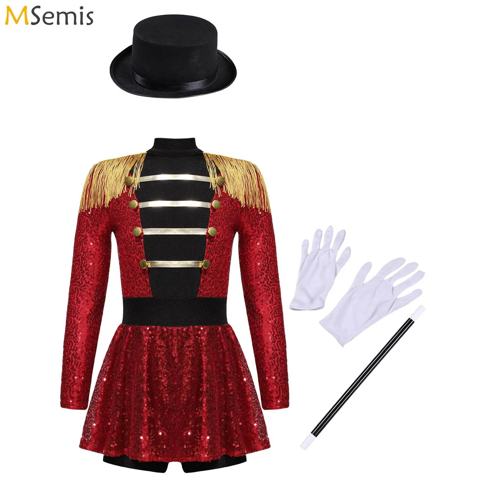 

Teen Girls Ringmaster Circus Costume Outfits Long Sleeve Mock Neck Tassel Shoulder Zipper Sequin Bodysuit with Magic Hat Set