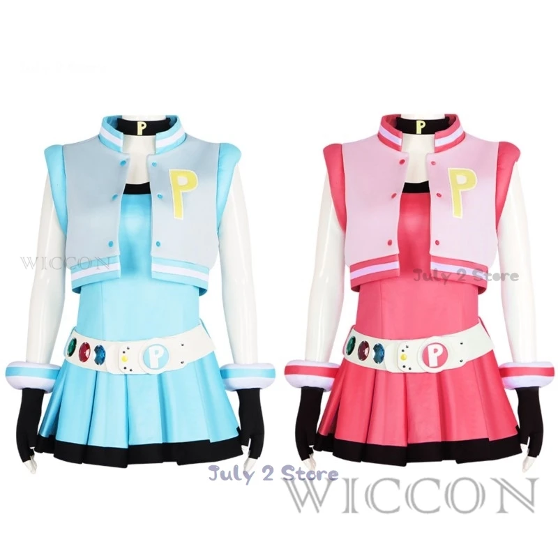 Power Cos Puff Girls Cosplay Costume Hyper Blossom Rolling Bubbles Costume Vest Coat Dress Outfit Hairband Gloves Belt