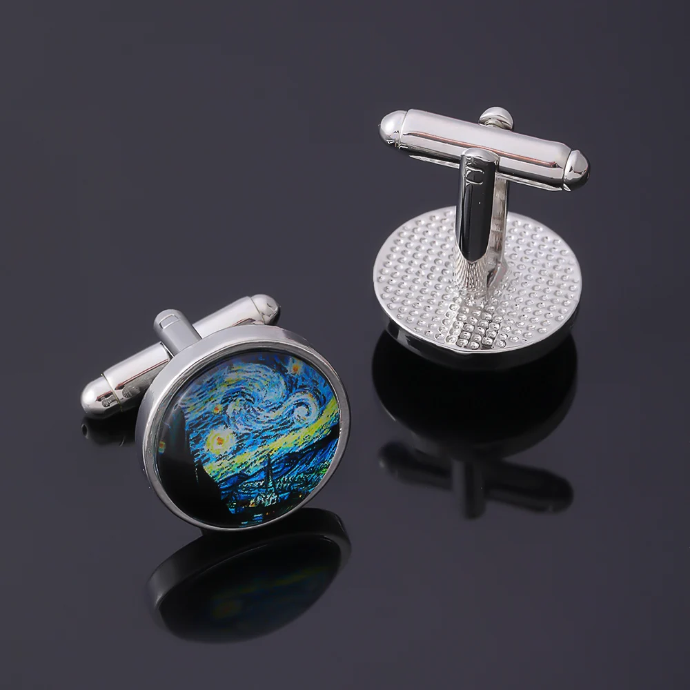 رجل الزجاج كابوشون ليلة النجوم صورة فنية أزرار أكمام فان جوخ النفط اللوحة نمط جولة الكفة زر مجوهرات #1