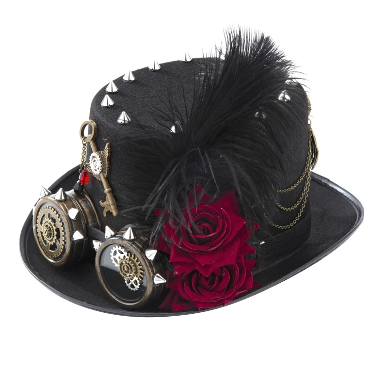 

634C Punk Black Goggles Dark Rose Chain Top Hat Gear Chain Steampunk Hat Halloween Hat for Halloween Party
