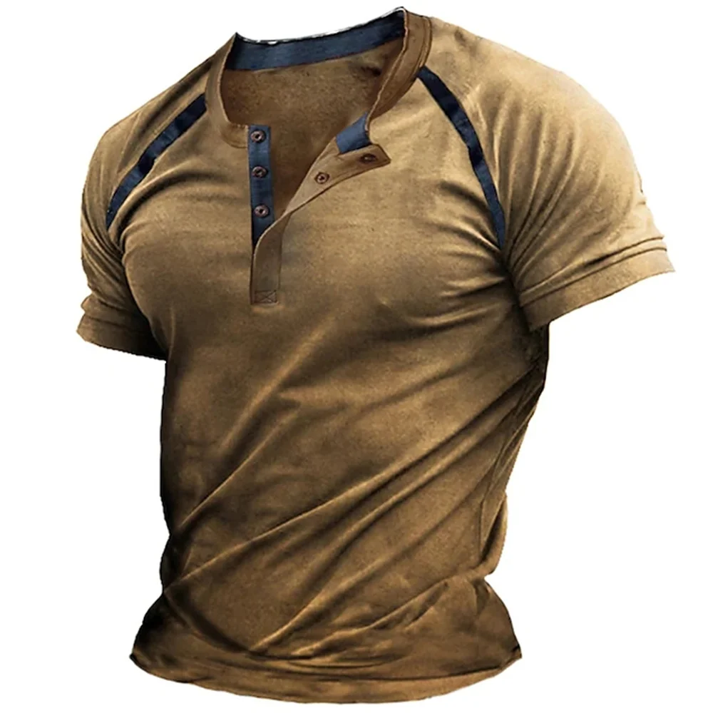 تي شيرت رجالي من Henley صيفي بأزرار جرافيك عادي بطباعة ثلاثية الأبعاد ملابس غير رسمية بأكمام قصيرة ملابس علوية كبيرة الحجم ملابس الشارع
