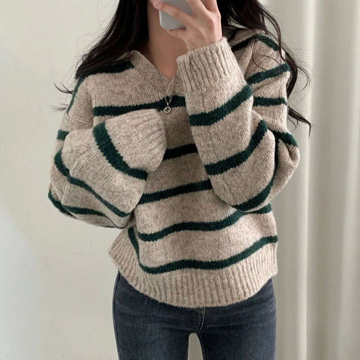 

Шикарный женский вязаный свитер с воротником, свободный крой, полосатый осенне-зимний теплый универсальный повседневный удобный топ