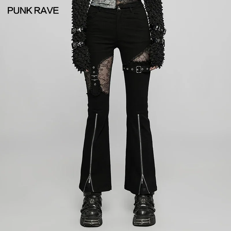 

PUNK RAVE Women's Gothic Elastic Flare Pants Punk Daily Splicing Lace Playful Casual Black Trousers Streetwear Women Clothing