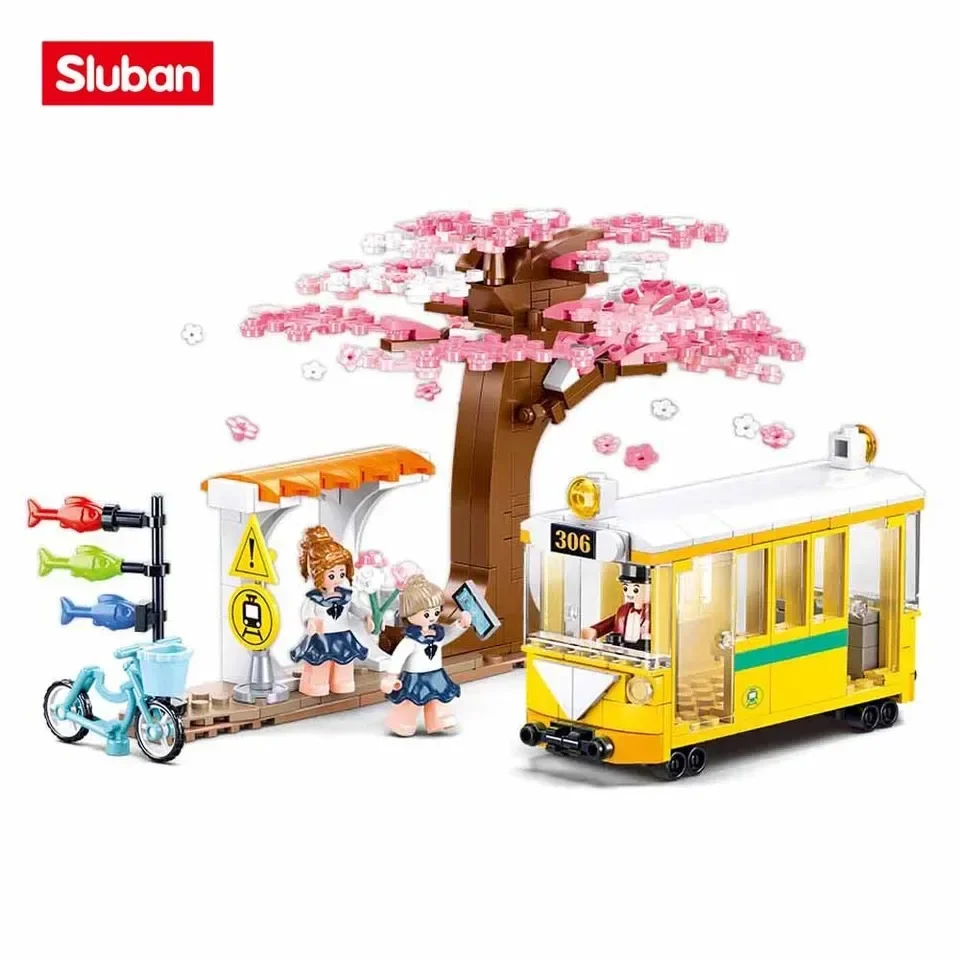 347PCS Sakura Tree Tram Station Building Blocks Bus Train Platform City View Model Bricks Set With Figures Kids DIY Toys Gifts