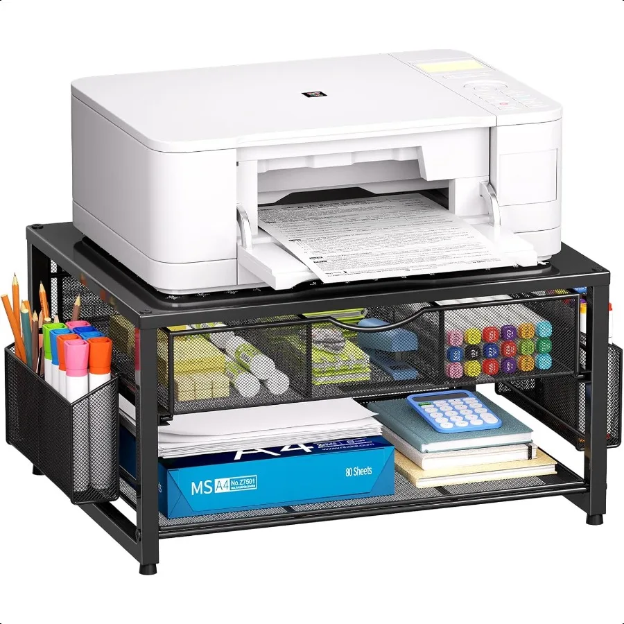 

Marbrasse Metal Printer Stand for Desk with Storage Drawer and 2 Pen Holders 2Tier Desktop Organizer Printer Table for Home Off