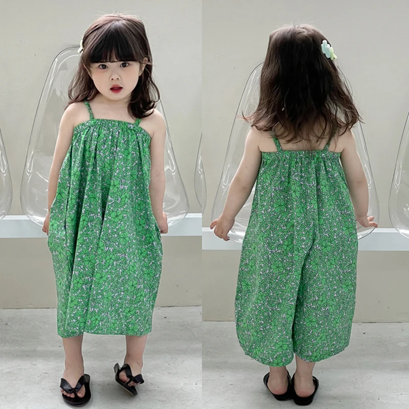 3-8T Kids Girls Jumpsuits Summer Floral Printed Baby Casual Wide Leg Pants Skin-friendly Sleeveless Beach Suspender Jumpsuit