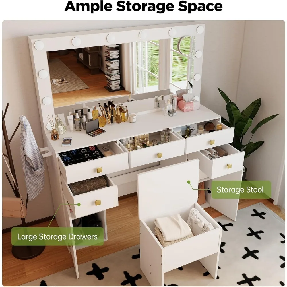 Scrivania per trucco illuminata a LED con grande specchio, lampadine regolabili, cassetti, presa di ricarica, stoccaggio per asciugacapelli