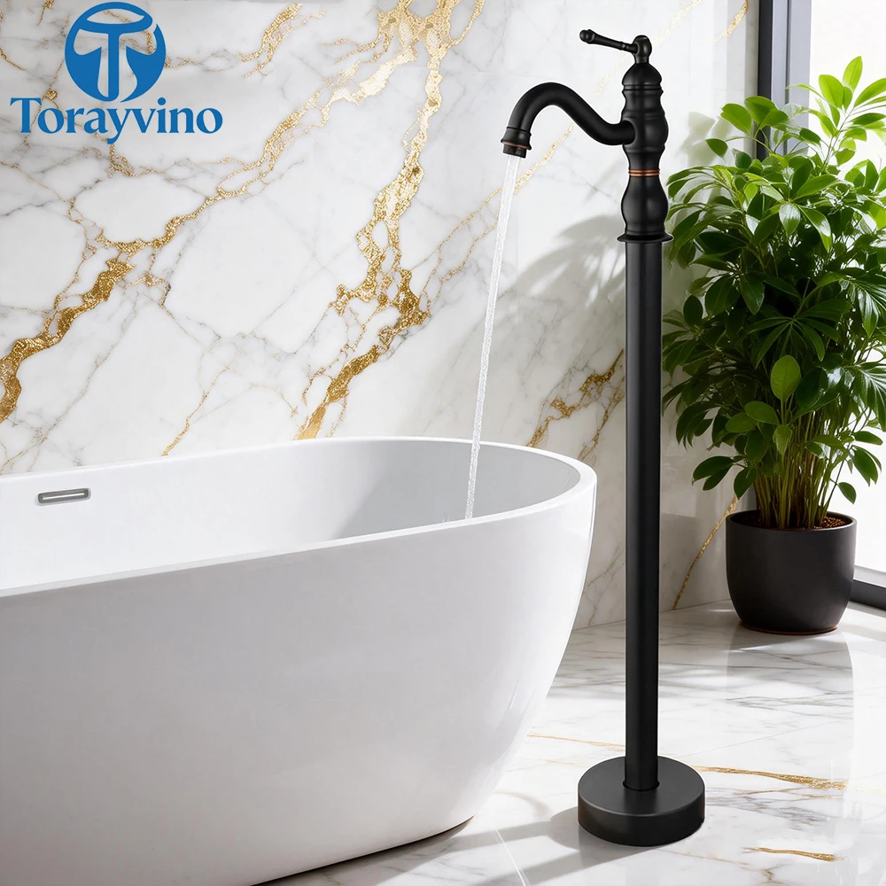 Torayvino Bathroom Matte Black Shower System Set With Hand Showers Single Handle Floor Stand Bathtub Faucet Mixer Water Tap