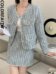 Colorfaith WS6856JM 2024 Elegant Lady Checkered Sets 2 Pieces Korean Fashion Jackets With Mini Skirts Autumn Winter Women Suits