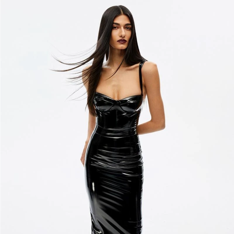 

Sexy Patent Leather Spaghetti Strap Dress, Strapless, Sleeveless, Slim V-neck Sheath, Nightclub Custom, Summer 2023