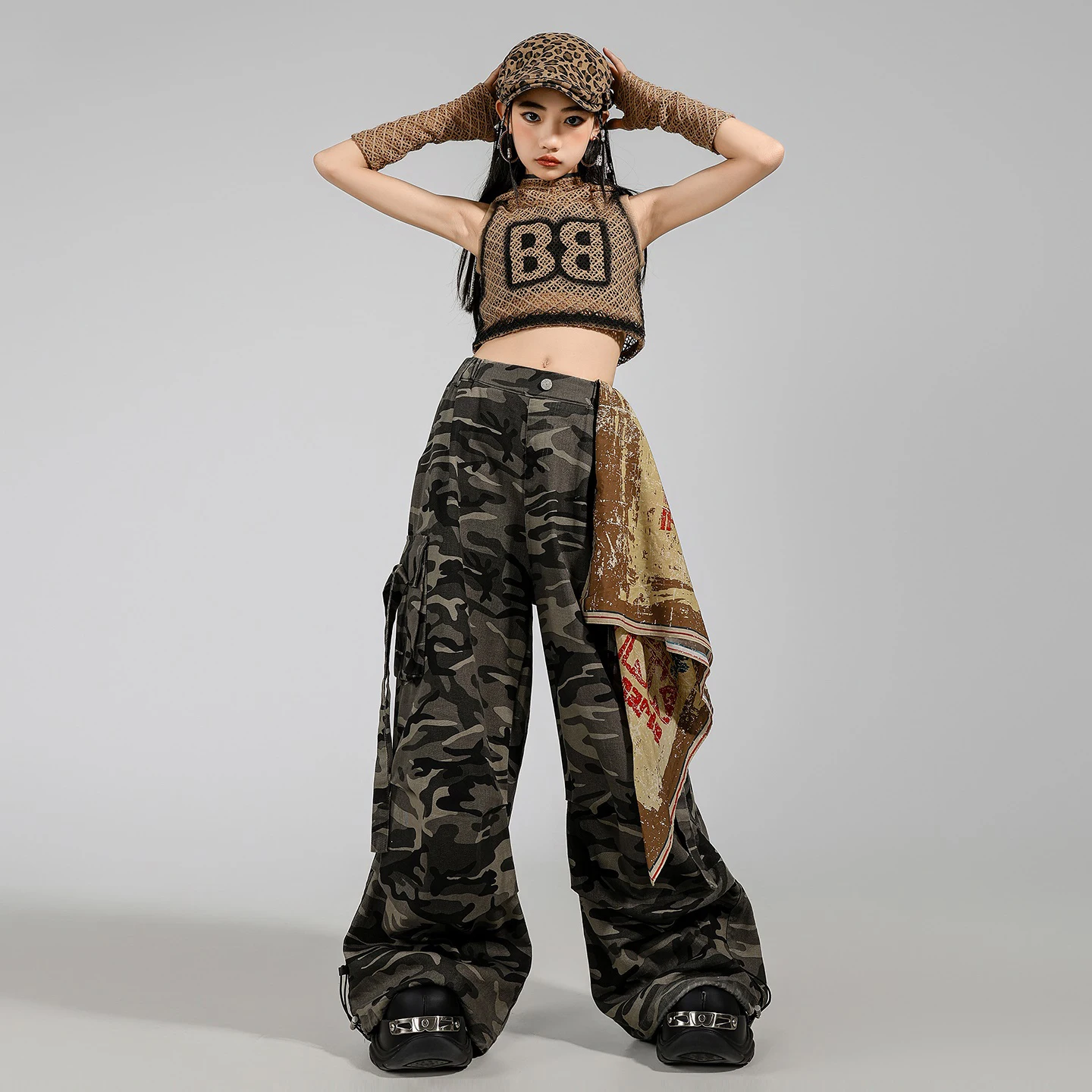 Kids Hip Hop Clothes Girls Hooded Net Navel Tops Camouflage Pants Summer Jazz Dance Costume Kpop Group Performance Wear  BL16610
