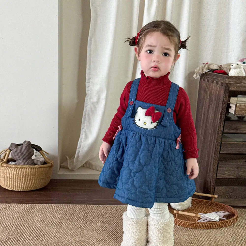 سانريو مرحبا كيتي ملابس الفتيات فستان الخريف/الشتاء جديد لطيف أنيق الطفل القطن مبطن حزام الكتف تنورة الأميرة تنورة