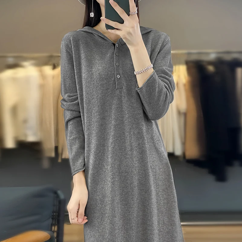 2024 autumn and winter cashmere sweater long sweater hooded long skirt women's base skirt pullover sweater cashmere sweater