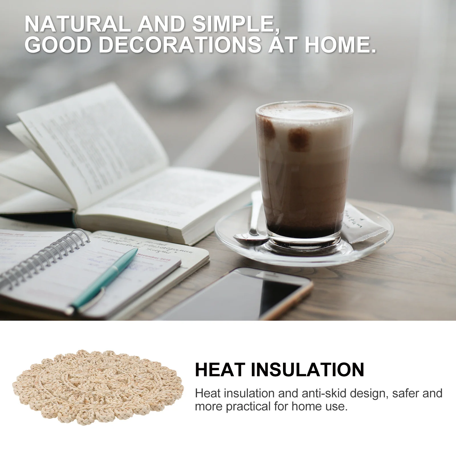 

1Pcs Flower Shape Tea Mat Round Straw Woven Handmade Heat Insulation Non-Slip Cup Pad Tabletop Coaster Practical Place Mat