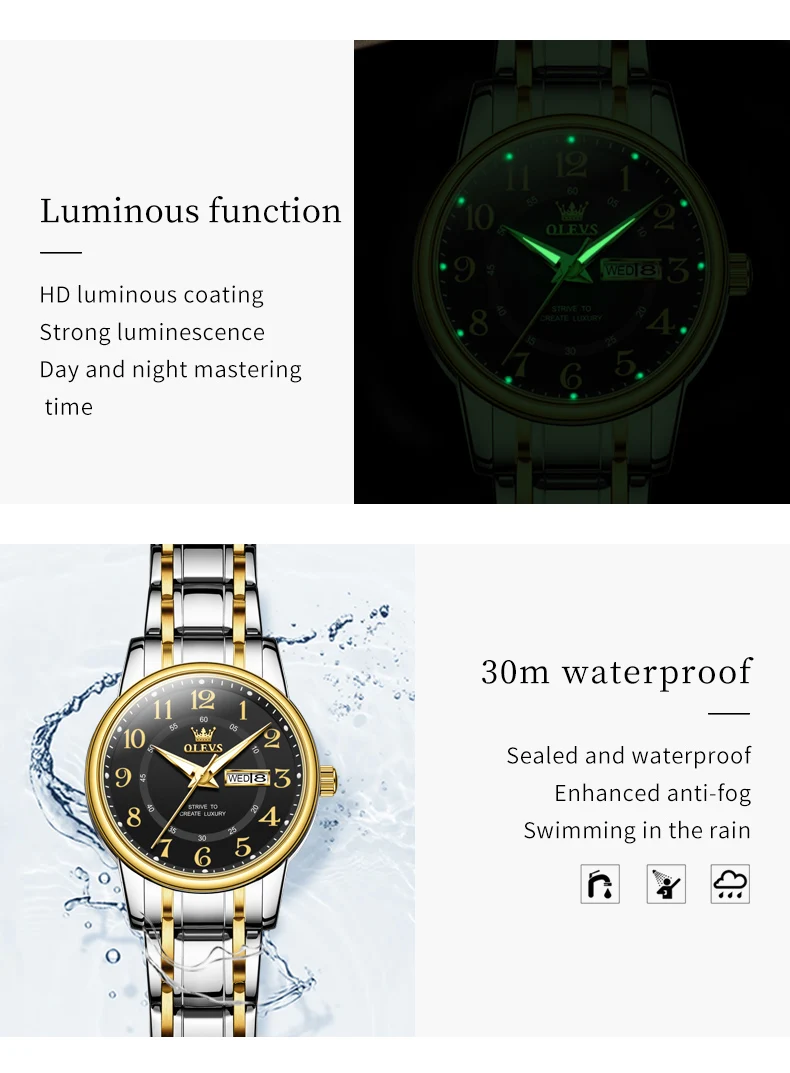 OLEVS 2891 Luxury Brand Quartz Couple Watch Waterproof Stainless Steel Watch Elegant Calendar Week Date Gift Couple Watch Set