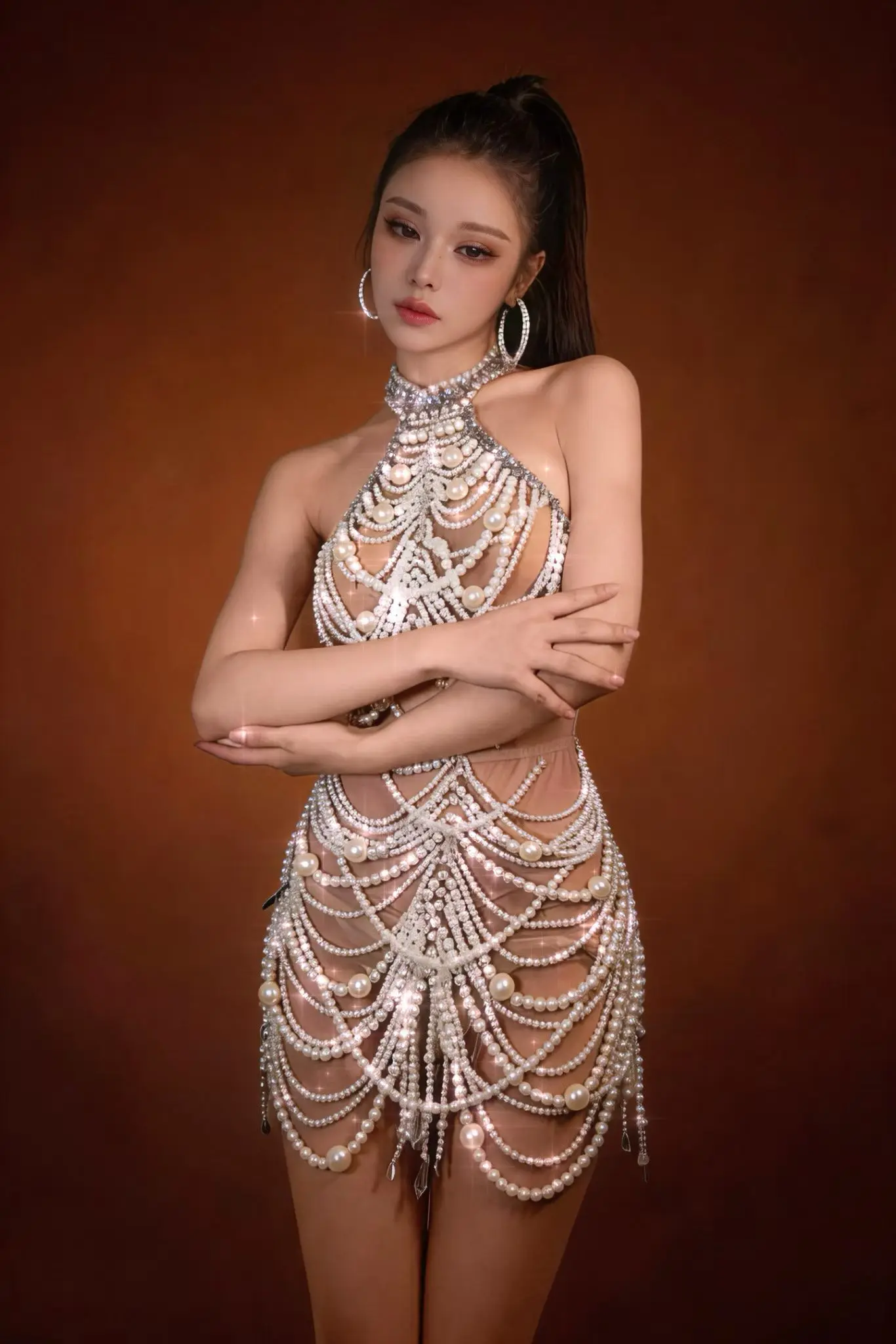 Sparkly Rhinestone Pearls Crop Tops Mini Skirt 2Pieces Set Sexy Women See Through Birthday  Celebrate Costume Party Wear Yunzhu - view 4