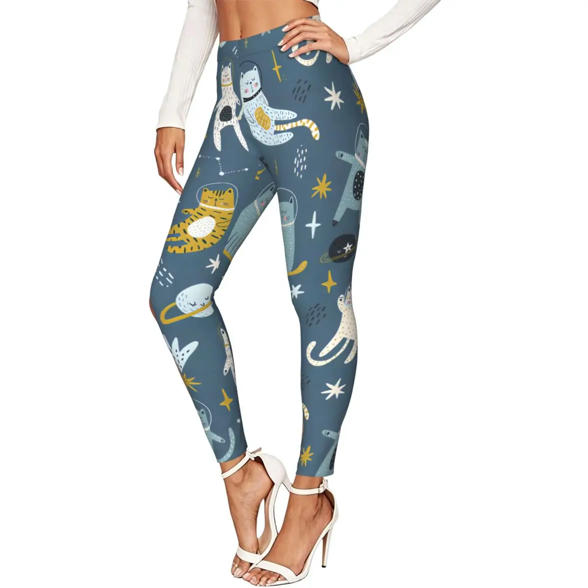 Cat Astronauts In Space Women Leggings High Waisted Stretch Tights Workout Running Pants