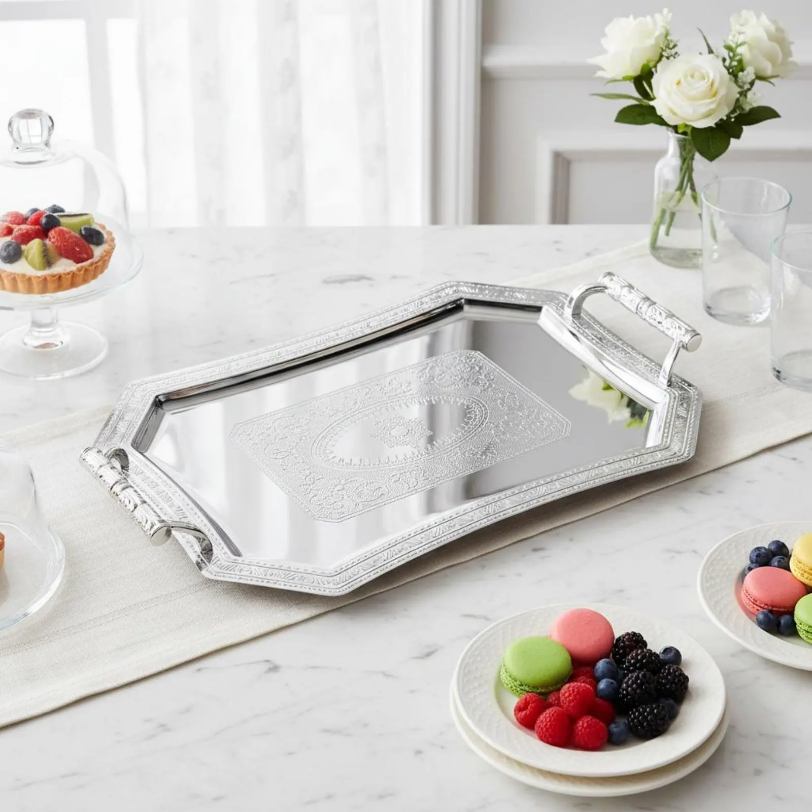 Ornate Serving Tray with Handles Elegant Design Embossed Stainless Steel Platter European Design Metal Tray Multi-Functional view 3