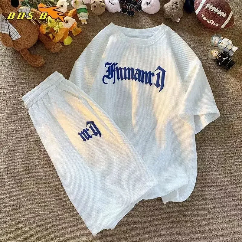 Oversized Loose Jogging Waffle Casual Suit Men Loose Korean Short-sleeve Tshirt + Sports Shorts Summer Men Letter Print 2pcs Set