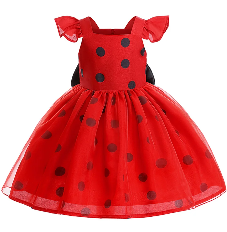 كرنفال زي تنكري للأطفال ، فستان أميرة أحمر منقط بفيونكة للفتيات الصغيرات ، حفلة عيد ميلاد ، فستان مسائي فاخر ، أطفال ، العام الجديد