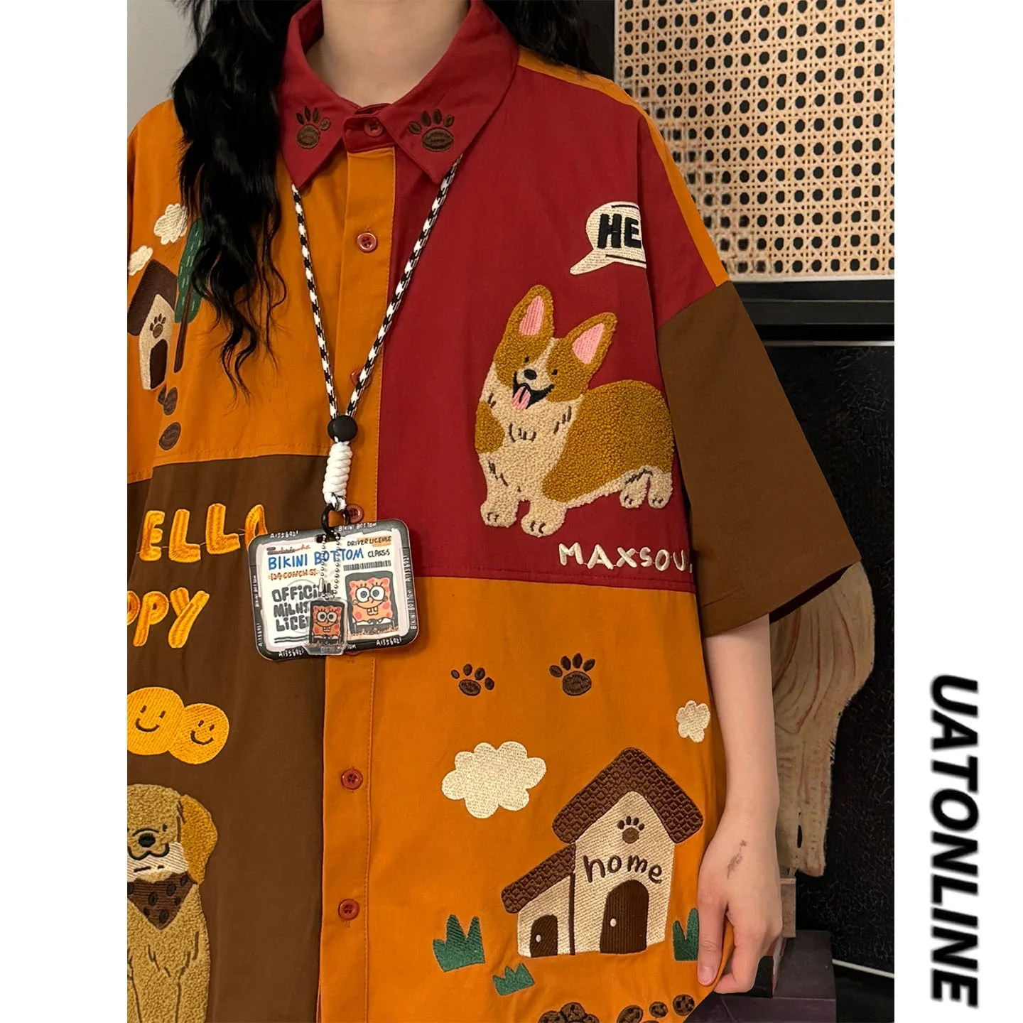 

UATONLINE2026 Summer American Retro Dog Embroidery Color Block Loose Casual Short Sleeve Shirt Women's Street Style Breathable