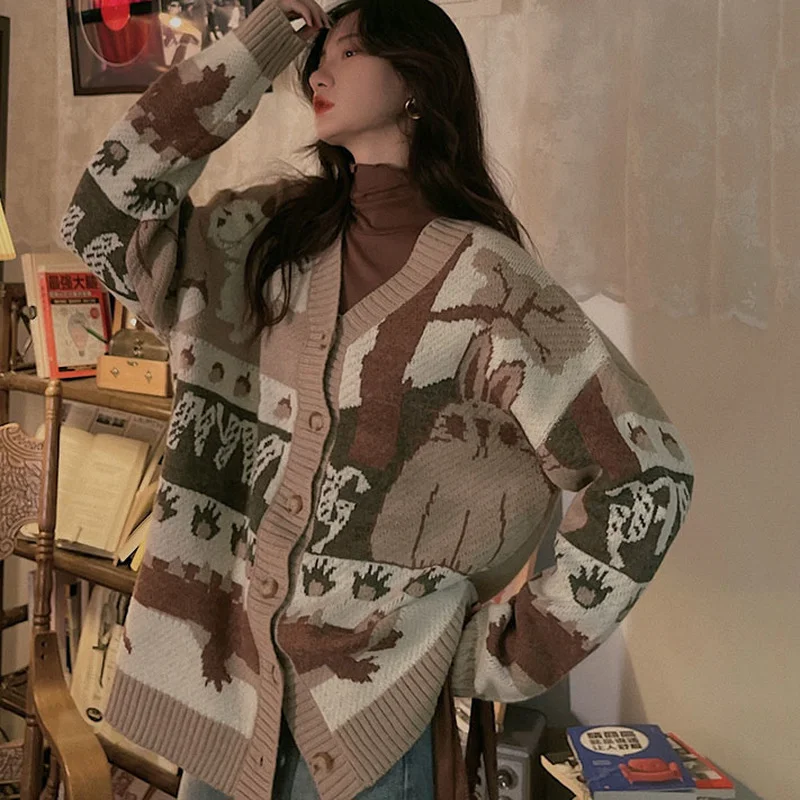 Cárdigans de ocio para mujer, suéteres holgados con cuello en V de un solo pecho con dibujos animados, prendas de punto Vintage para parejas, cárdigan para estudiantes universitarios Ins BF