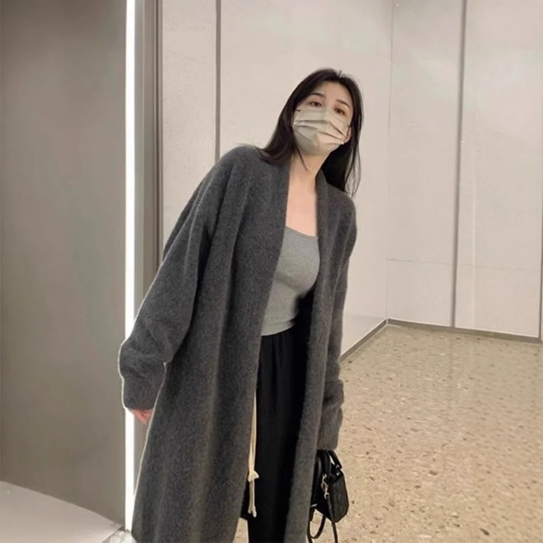 

Mid-Long Cardigans Knitted Womens Winter Solid Thickened Cosy Polka-Dot Ribbed Curved Round-Neck Half-Open Mohair Fur-Trim Daily