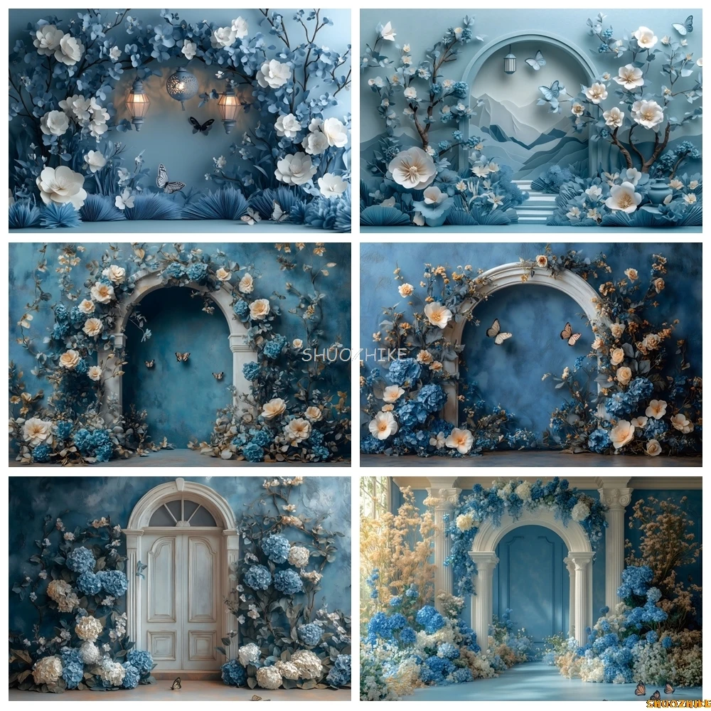 

Blue Flowers Butterfly Floral Arch Wedding Photography Background Kids Birthday Party Bride Maternity Portrait Photo Background