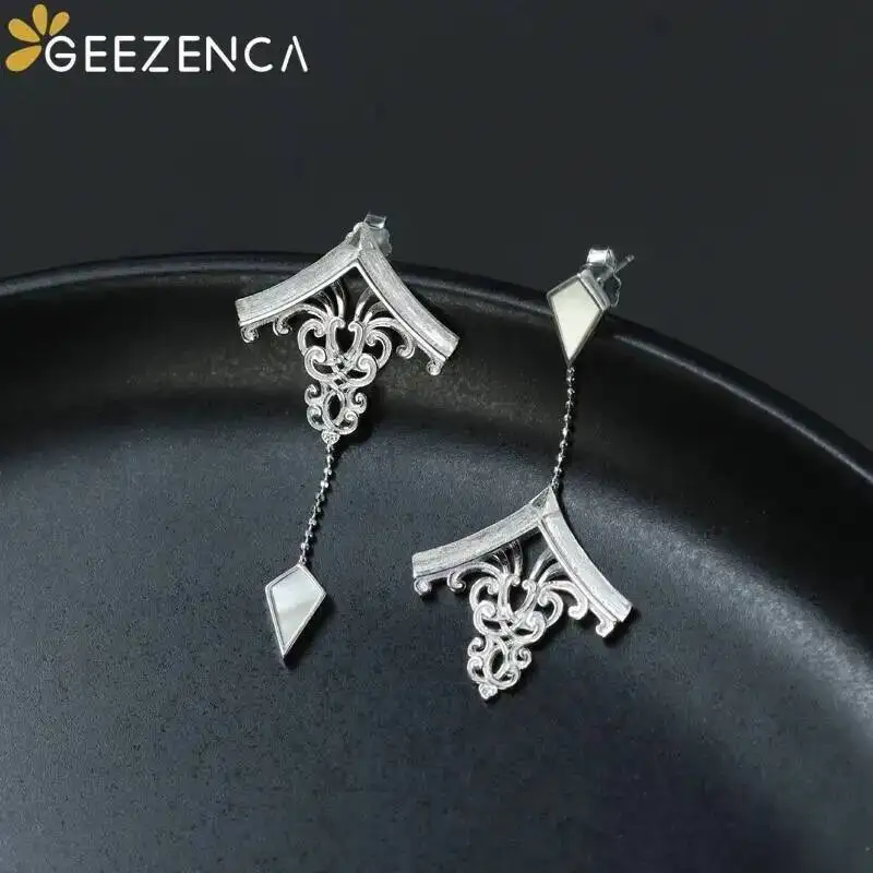 GEEZENCA White Mother of Pearl 925 Silver Dangle Earrings For Women Suspended Fish Chinese Architecture Unique Earring 2023 New