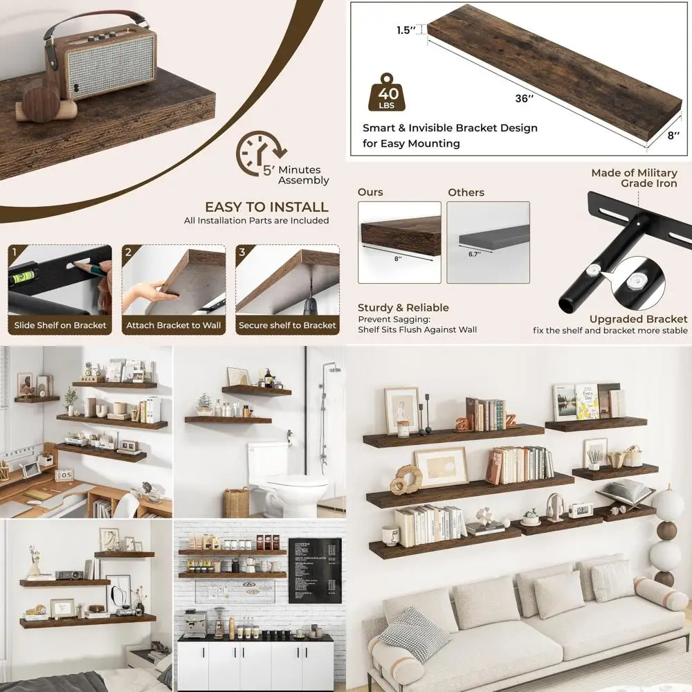 

2-Pack Rustic Floating Shelves for Home - Ideal for Bedroom, Kitchen, or Bathroom | Wall Mounted Storage with Hidden Brackets