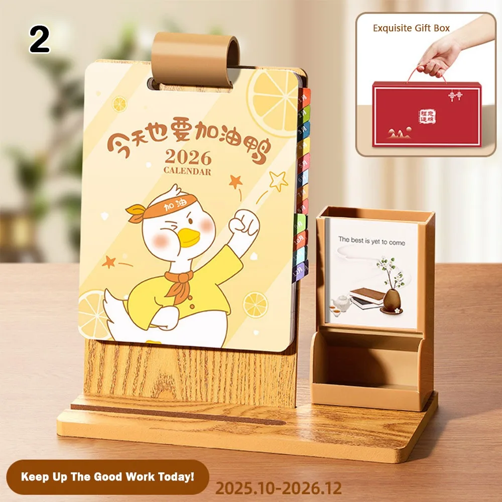 

Year of The Horse 2026 Desk Calendar Student Stationery with Pen Holder Flip Calendar Gift Box Wooden Desktop Ornament